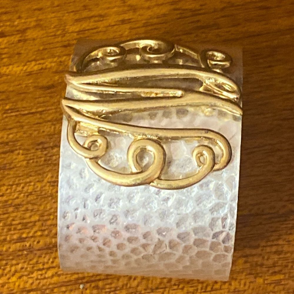 Gypsy Jewels Wide 2 Tone Hammered Boutique Look Monogram Initial Cuff Bracelet - Picture 8 of 10